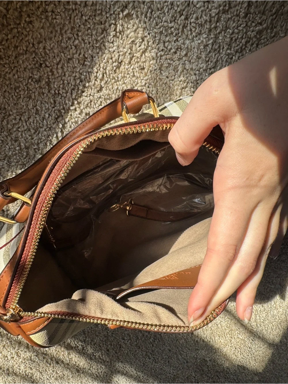 Classic Plaid Top-Handle Satchel in Beige and Brown
